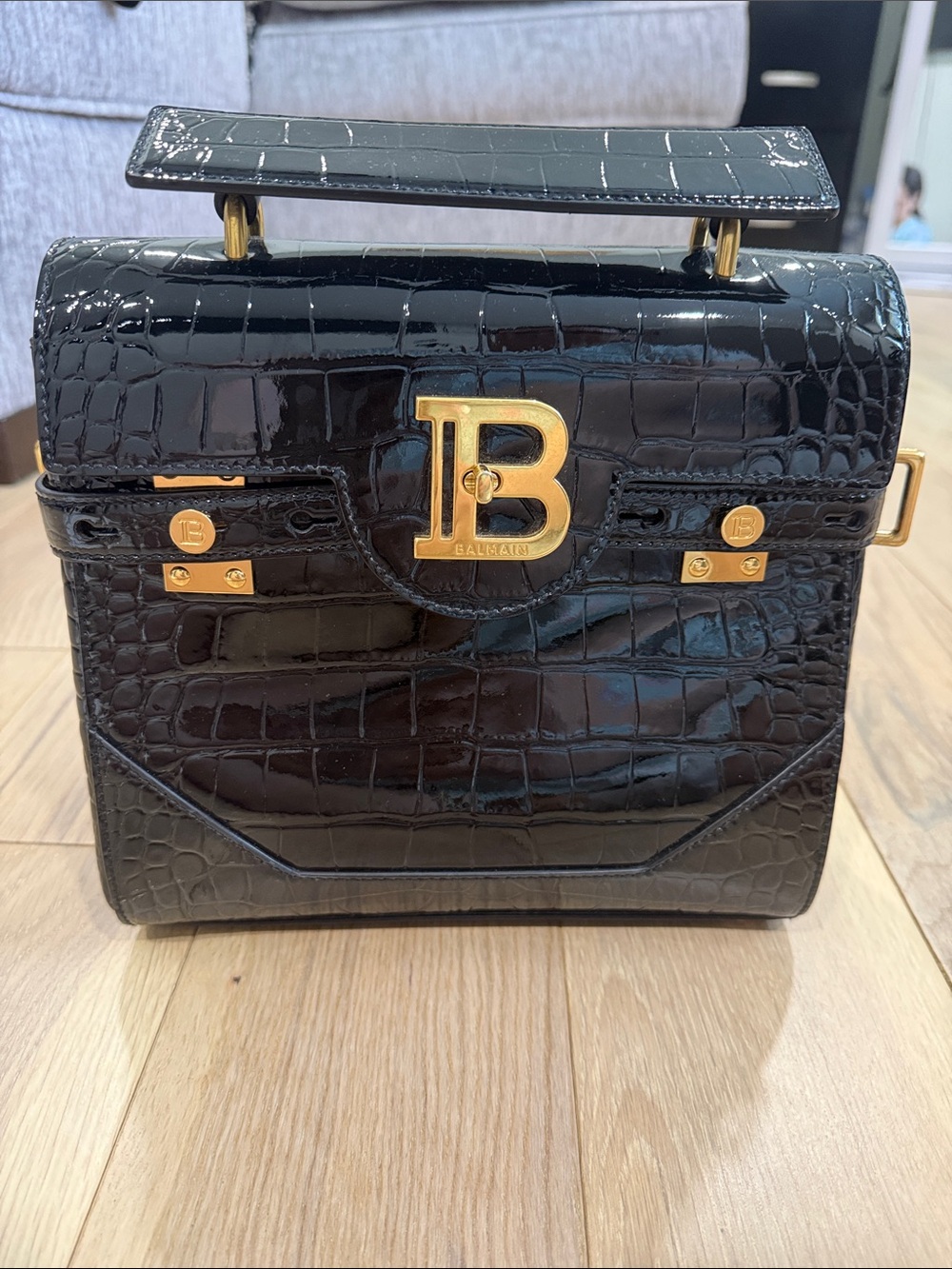 Balmain Black Croc-Embossed Top Handle Satchel with Gold Hardware - Picture 4 of 8